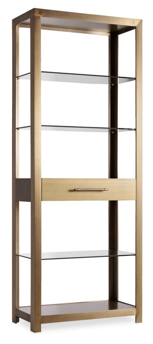 Hooker Furniture Curata Tinted Glass & Brushed Brass Bookcase With Drawer — Modern Minimalist Display For Home Decor 1600-10445-MTL1