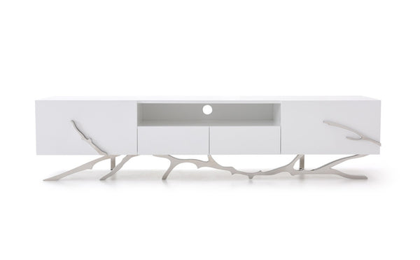 VIG Furniture Legend 79" Modern High-Gloss White Tv Stand With Cable Management, Twig Stainless Steel Base, Storage VGVCTV8111