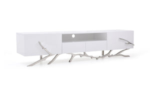 VIG Furniture Legend 79" Modern High-Gloss White Tv Stand With Cable Management, Twig Stainless Steel Base, Storage VGVCTV8111