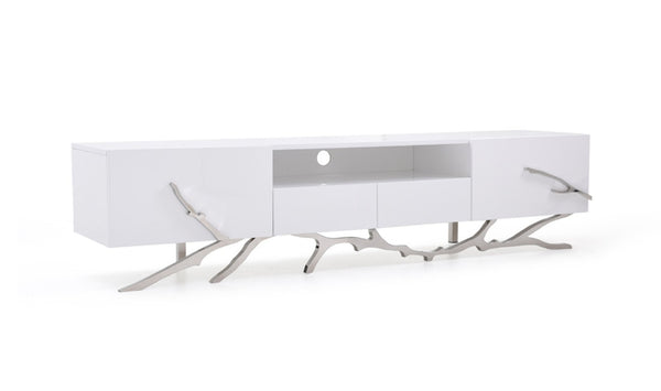 VIG Furniture Legend 79" Modern High-Gloss White Tv Stand With Cable Management, Twig Stainless Steel Base, Storage VGVCTV8111