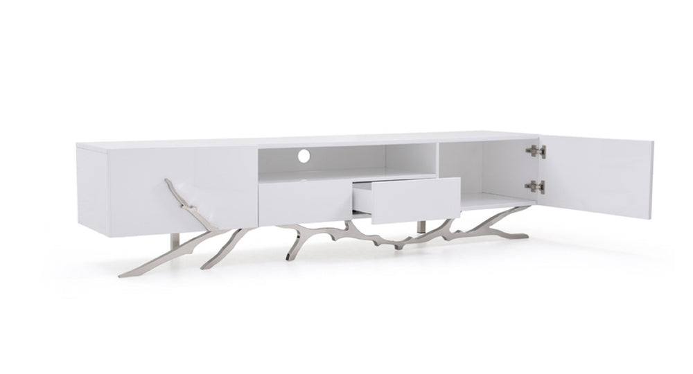 VIG Furniture Legend 79" Modern High-Gloss White Tv Stand With Cable Management, Twig Stainless Steel Base, Storage VGVCTV8111