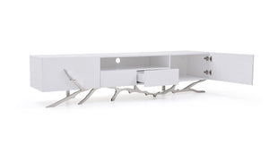 VIG Furniture Legend 79" Modern High-Gloss White Tv Stand With Cable Management, Twig Stainless Steel Base, Storage VGVCTV8111