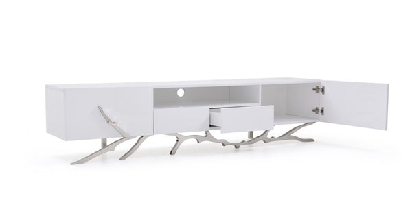 VIG Furniture Legend 79" Modern High-Gloss White Tv Stand With Cable Management, Twig Stainless Steel Base, Storage VGVCTV8111