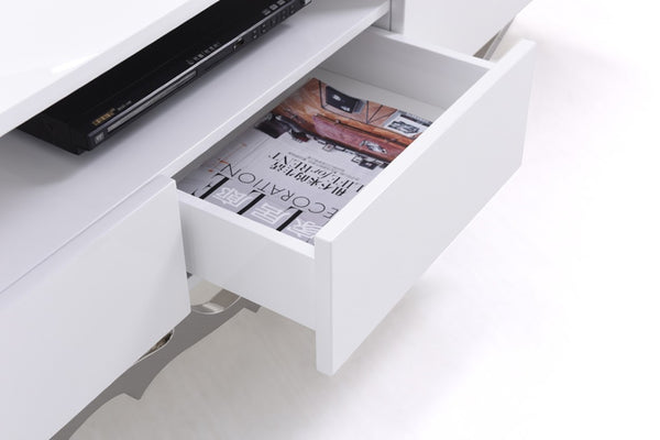 VIG Furniture Legend 79" Modern High-Gloss White Tv Stand With Cable Management, Twig Stainless Steel Base, Storage VGVCTV8111