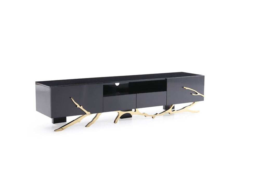 VIG Furniture Legend High-Gloss Black Tv Stand 87" With Champagne Gold Accents, Stainless Base & Cable Management VGVCT-V8111-BLK-L
