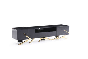 VIG Furniture Legend High-Gloss Black Tv Stand 87" With Champagne Gold Accents, Stainless Base & Cable Management VGVCT-V8111-BLK-L