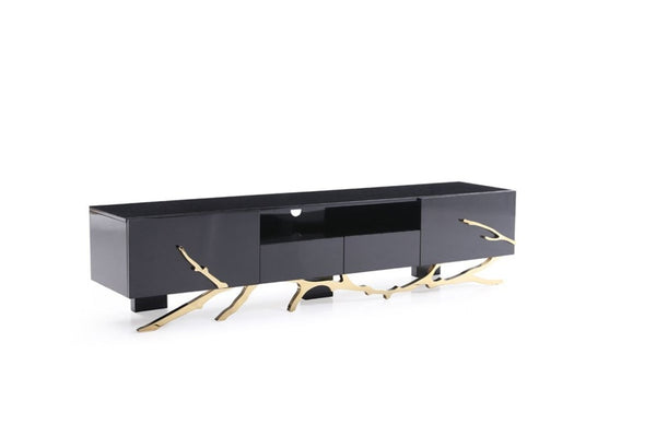 VIG Furniture Legend High-Gloss Black Tv Stand 87" With Champagne Gold Accents, Stainless Base & Cable Management VGVCT-V8111-BLK-L