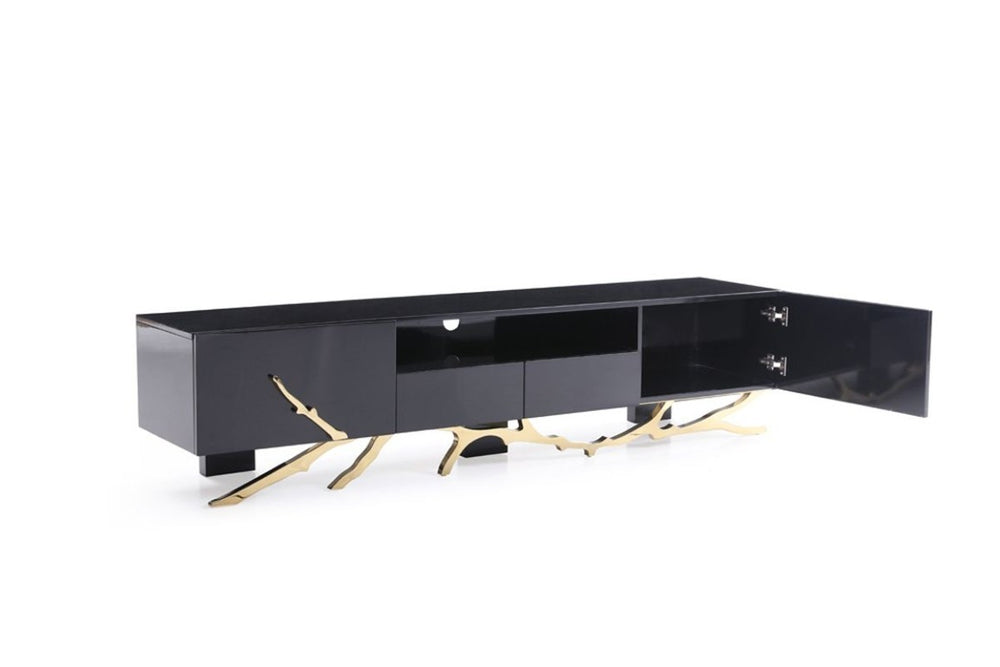 VIG Furniture Legend High-Gloss Black Tv Stand 87" With Champagne Gold Accents, Stainless Base & Cable Management VGVCT-V8111-BLK-L