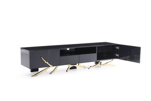 VIG Furniture Legend High-Gloss Black Tv Stand 87" With Champagne Gold Accents, Stainless Base & Cable Management VGVCT-V8111-BLK-L