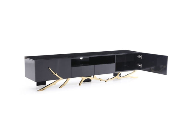 VIG Furniture Legend High-Gloss Black Tv Stand 87" With Champagne Gold Accents, Stainless Base & Cable Management VGVCT-V8111-BLK-L