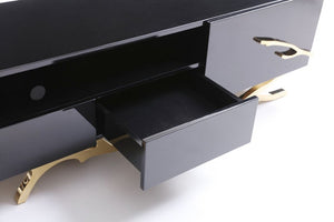 VIG Furniture Legend High-Gloss Black Tv Stand 87" With Champagne Gold Accents, Stainless Base & Cable Management VGVCT-V8111-BLK-L
