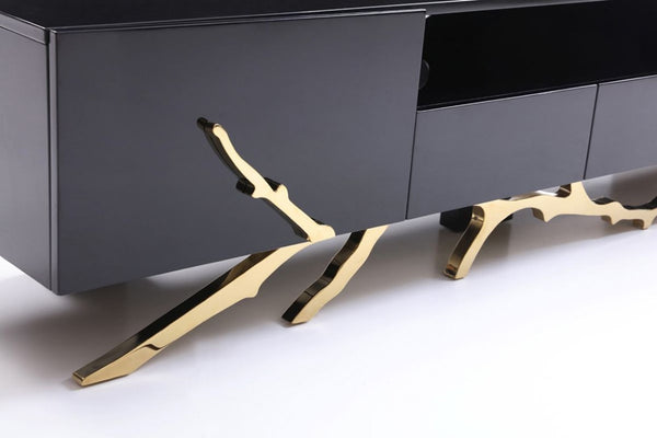 VIG Furniture Legend High-Gloss Black Tv Stand 87" With Champagne Gold Accents, Stainless Base & Cable Management VGVCT-V8111-BLK-L