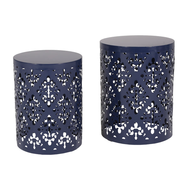 English Elm Metal Nesting End Table Set of Two with Floral Iron Cut Design for Living Room Navy Blue 73604.00NBLU