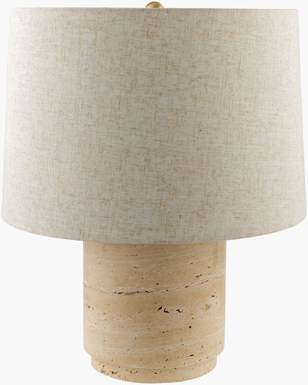 Surya Travera 19" Accent Table Lamp - Elegant Natural Travertine Design With Linen Shade & Metal Accents Body, Butter,Shade (Outside), Wheat,Shade (Inside), White,Finial, Metallic ,Brass,Harp, Metallic ,Brass,Cord, Translucent Travertine,Linen,Metal,Iron Tvr-001