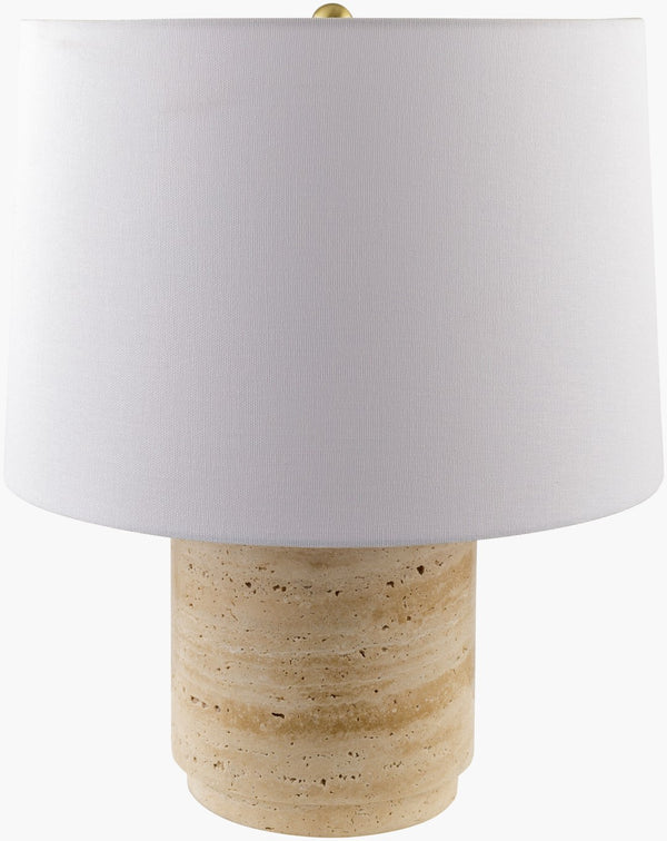 Surya Travera 19" Accent Table Lamp - Elegant Natural Travertine Design With Linen Shade & Metal Accents Body, Butter,Shade, White,Finial, Metallic ,Brass,Harp, Metallic ,Brass,Cord, Translucent Travertine,Linen,Metal,Iron Tvr-002