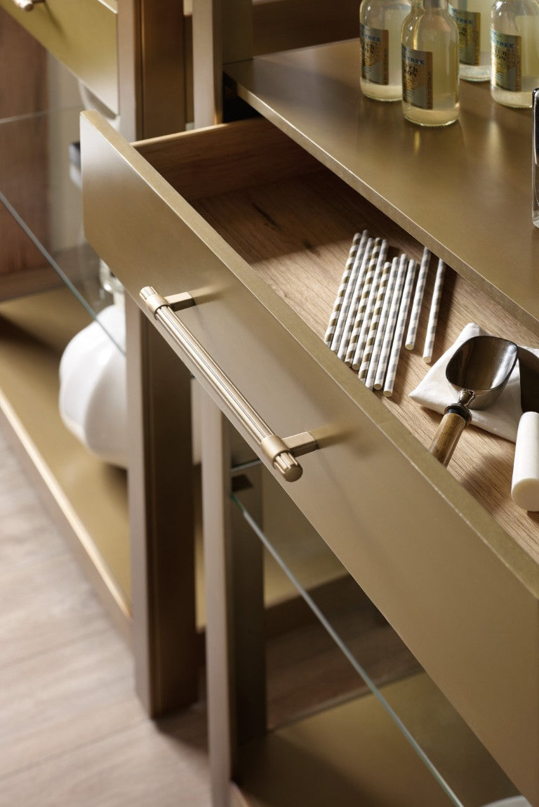 Hooker Furniture Curata Tinted Glass & Brushed Brass Bookcase With Drawer — Modern Minimalist Display For Home Decor 1600-10445-MTL1