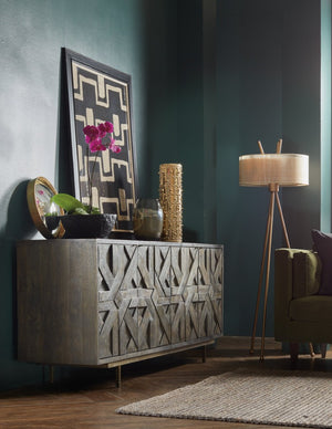 Hooker Furniture Commerce Mango Wood Credenza With Layered Textured Doors, Gold Base & Antique Brass Pulls For Stylish Storage And Media Organizing 7228-85018-89
