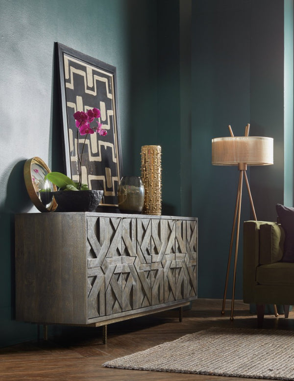 Hooker Furniture Commerce Mango Wood Credenza With Layered Textured Doors, Gold Base & Antique Brass Pulls For Stylish Storage And Media Organizing 7228-85018-89