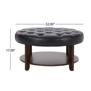 English Elm Round Tufted Pu Leather Ottoman with Open Shelf Storage for Living Room Black 71589.00