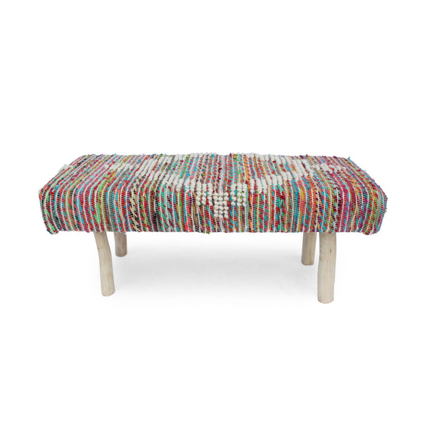 English Elm Christopher Knight Home® - Eucalyptus Wood Bench - Handcrafted Boho Upholstered Entryway Seating With Ivory Knit And Eco-Friendly Design 66418.00IVRMLT