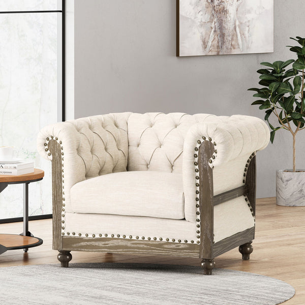 English Elm Christopher Knight Home® - CLUB Chair with Chesterfield-Inspired Button Tufting, Scrolled Arms & Nailhead Trim for Living Room Beige 40.5 L x 34.5 W x 25.75 H 72759.00BGE