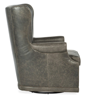 Hooker Furniture Mai Wing Swivel Club Chair In Aniline Top-Grain Leather With Tufted High Back And Smooth Swivel Motion Gray CC536-SW-091