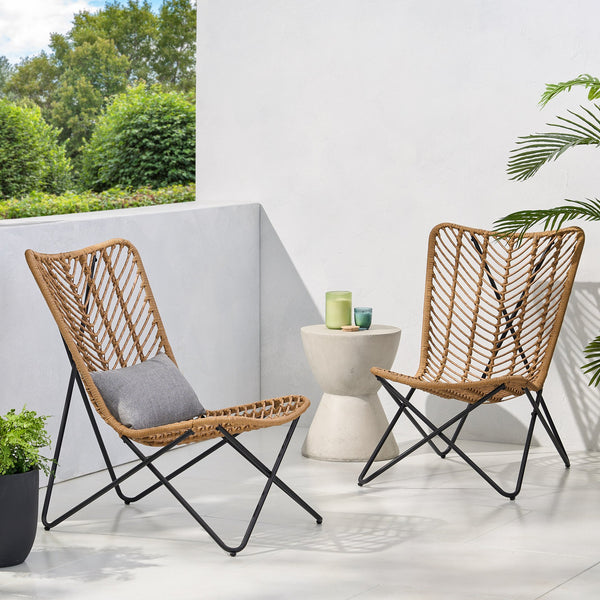 English Elm Gatlin Woven Wicker Outdoor Accent Chair Set Bohemian Curved Shell with Geometric Base 70650.00LBRN
