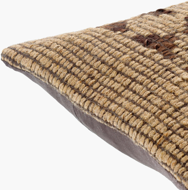 Surya Twareg 13"L X 20"W Lumbar Pillow - Rustic Jute & Leather Accent With Exotic Indian Design For Comfort Beige Jute,Leather,Cotton Twr002-1320