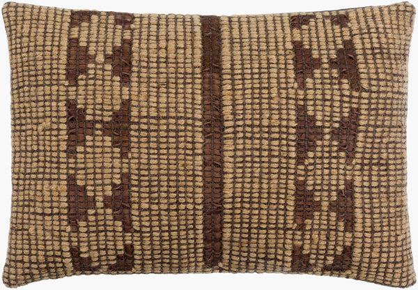 Surya Twareg 13"L X 20"W Lumbar Pillow - Rustic Jute & Leather Accent With Exotic Indian Design For Comfort Beige Jute,Leather,Cotton Twr002-1320