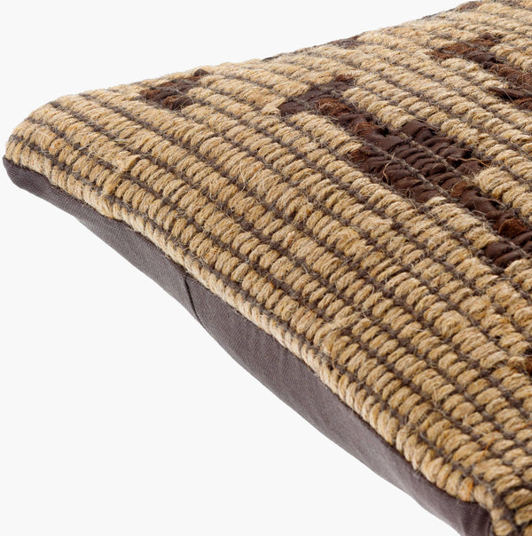 Surya Twareg 13"L X 20"W Lumbar Pillow - Rustic Jute & Leather Accent With Exotic Indian Design For Comfort Beige Jute,Leather,Cotton Twr006-1320p