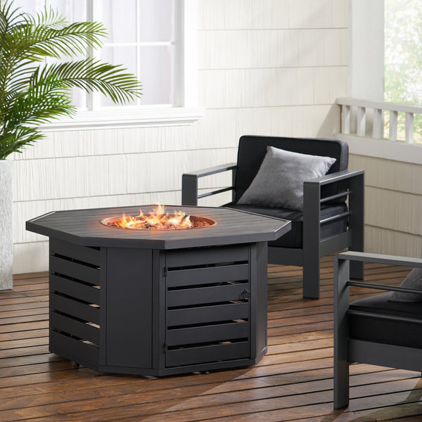 English Elm Octagon Iron Propane Fire Pit with Open Slat Design for Patio Gatherings 66596.00BLK-50K