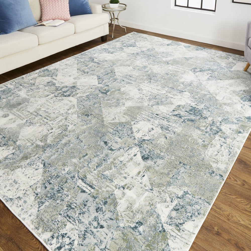 Feizy Rugs Atwell Contemporary Abstract Low Pile Rug - Ethereal Distressed Design In Silvery Aqua And Gray Green,Ivory Polypropylene Atl3868fgrnmlth98