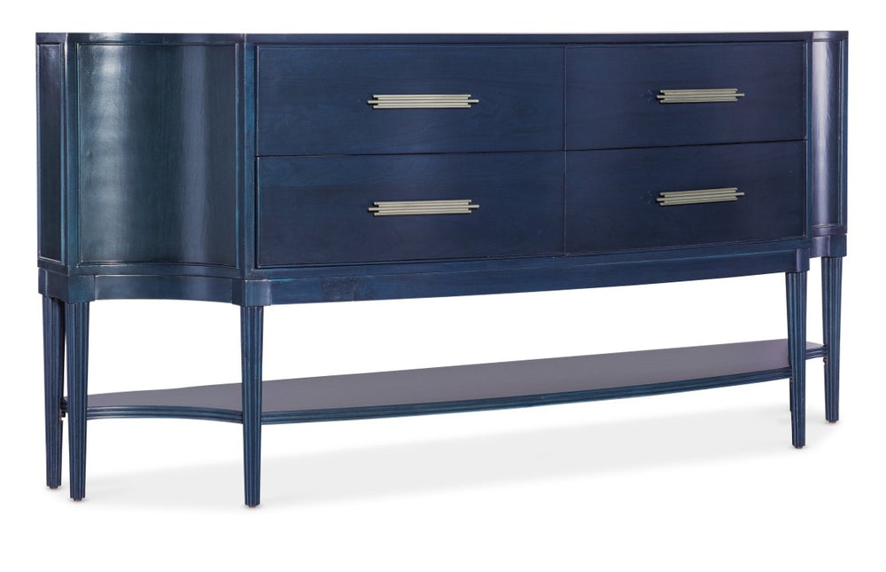 Hooker Furniture Melange Mazarine Credenza With Serpentine Front, Dark-Blue Cherry Veneer, Fluted Legs & Pewter Pulls 628-85152-45