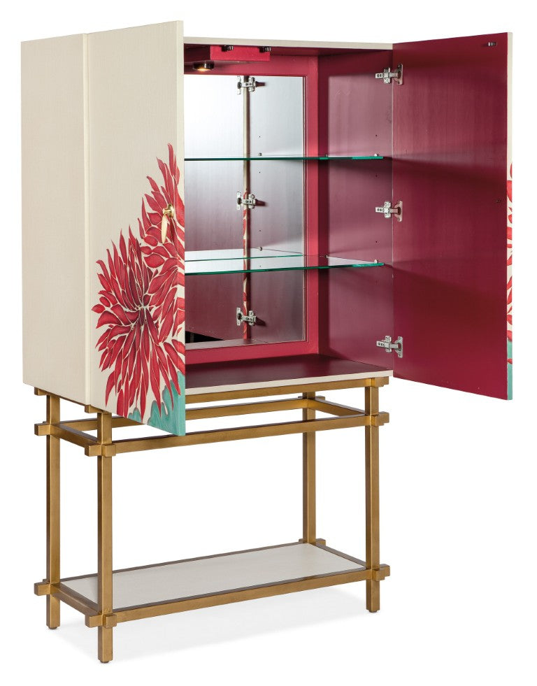 Hooker Furniture Melange Patrisha Bar Cabinet With Linen-Wrapped Doors, Mirrored Back, Puck Light & Gold Accents 628-50027-65