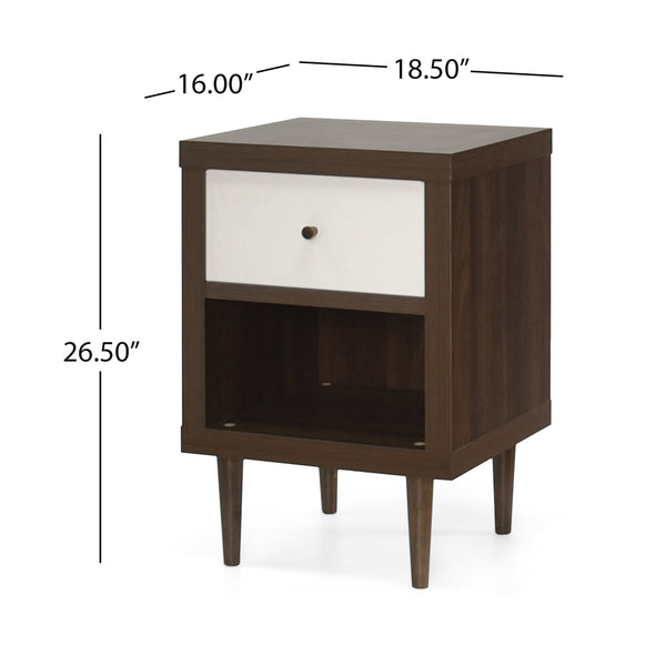English Elm 1-drawer Nightstand with Splayed Rubberwood Legs and Open Shelf Mid-century Bedroom 72036.00