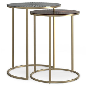 English Elm Drake Handcrafted 2-Pc Nesting Tables in Antique Nickel & Copper Finish — Etched Tops, Solid Metal Elegance B136P158590