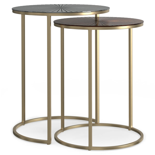 English Elm Drake Handcrafted 2-Pc Nesting Tables in Antique Nickel & Copper Finish — Etched Tops, Solid Metal Elegance B136P158590