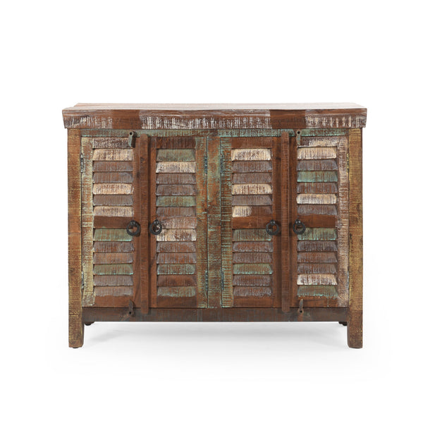 English Elm Christopher Knight Home® - Wd. Recycled Cabinet - Handcrafted Mango Wood Slatted Boho Storage Cabinet with Distressed Finish, Crescent Handles 66629.00