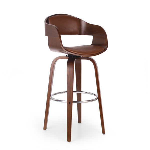 English Elm Christopher Knight Home® - BAR STOOL Mid-Century Modern Faux Leather Swivel with Walnut Veneer Frame and Chrome Footrest Brown 67494.00PUCOGN