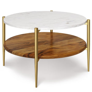 English Elm Wagner Round Coffee Table - Elegant White Marble & Acacia Wood With Antique Bronze Metal Frame B136P159966-GIGA