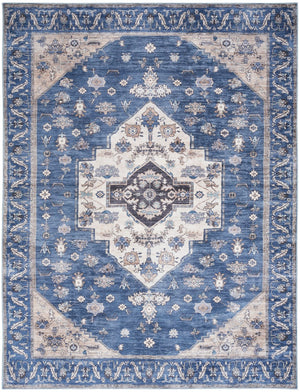 Nourison Brilliance Machine Washable WSB03 Machine Made Power-loomed Ornamental Border Indoor Only Vintage Bohemian Rug Denim, Denim 100% Polyester 99446914217