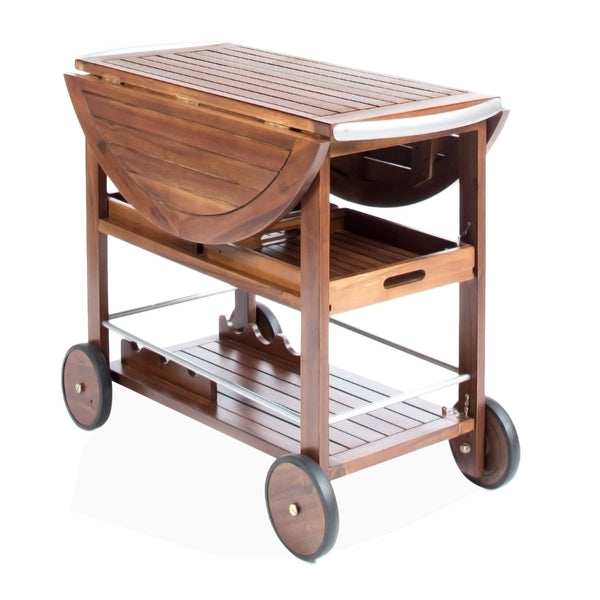 English Elm Christopher Knight Home® - BAR Tillary Outdoor Acacia Wood Drop-Leaf Bar Cart with Wine Rack, Drawers & Aluminum Wheels, Oak 60987.00