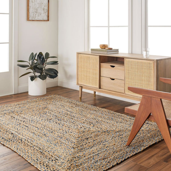 Livabliss Trenzado Handloomed Jute Recycled Fabric Flatweave Runner Rug for Entryways and Hallways Tan, Light Blue 9' x 12' TZD2300-912
