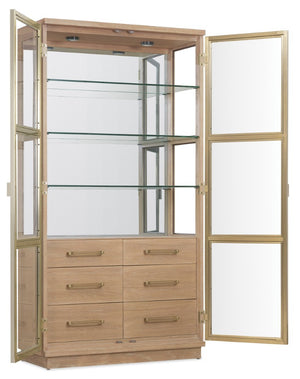 Hooker Furniture Banyon Glass Display Cabinet With Mirrored Back, Brushed Brass Accents & Led Lights, Desert Oak Finish 6081-75906-82
