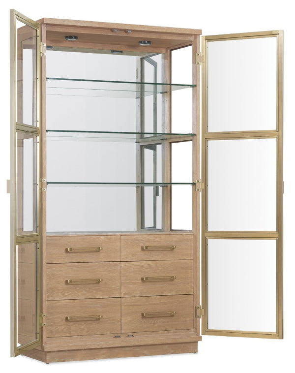 Hooker Furniture Banyon Glass Display Cabinet With Mirrored Back, Brushed Brass Accents & Led Lights, Desert Oak Finish 6081-75906-82