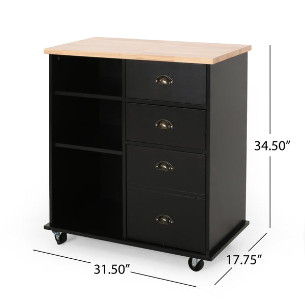 English Elm Christopher Knight Home® - Kitchen Island Cart with Rubberwood Top, Rolling Storage Cabinet with Drawers & Locking Casters Black 67757.00NATBLK