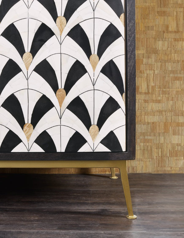 Hooker Furniture Melange Renee Credenza With Hand Inlay, Black Mango Wood & Gold Base — Storage, Media-Ready Elegance 628-85718-99