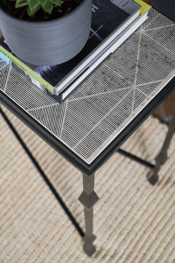 Hooker Furniture Commerce Travertine Console Table With Tribal Screen-Printed Top And Forged Metal Base For Entryways Black 7228-85022-00