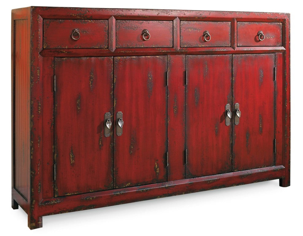 Hooker Furniture 58'' Hand-Painted Red Asian Cabinet With Distressed Finish, 4 Drawers & 4 Doors For Versatile Storage 500-50-711
