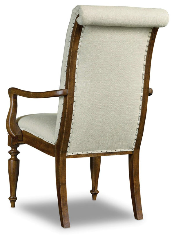 Hooker Furniture Archivist Upholstered Arm Chair In Aubergine Linen With Pecky Pecan Finish, Roll-Top Back & Carved Legs 5447-75400